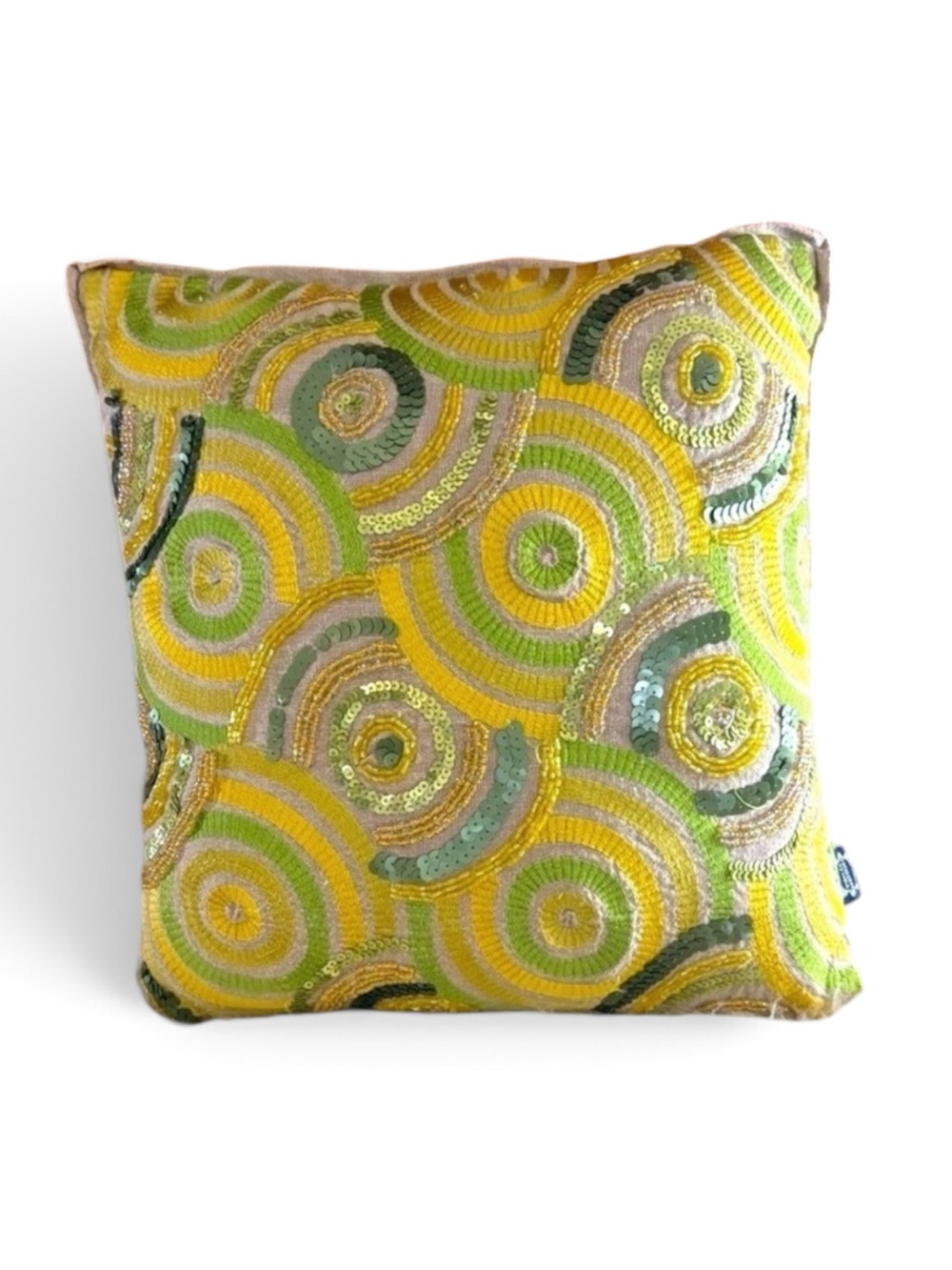 Indian Ethnic Sequined and Embroidered Green and Yellow Linen Accent Pillow